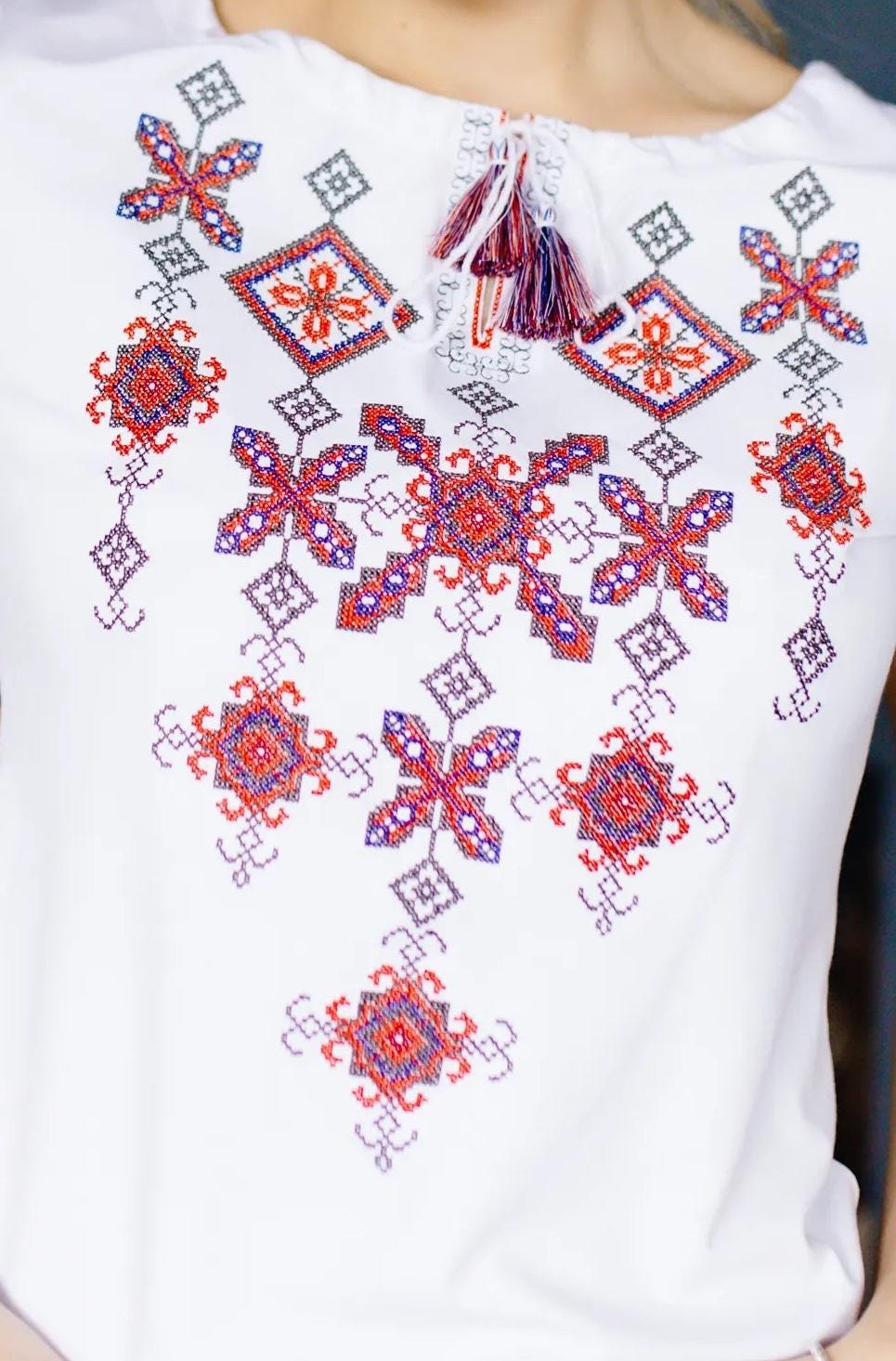 Sizes S-4XL. White Folk Blouse with Geometric Embroidery - Ukrainian Traditional Shirt
