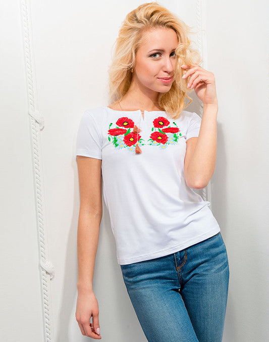Sizes S,L-XXL. Women's White T-Shirt with Red Poppy Embroidery - Boho Floral Design Top
