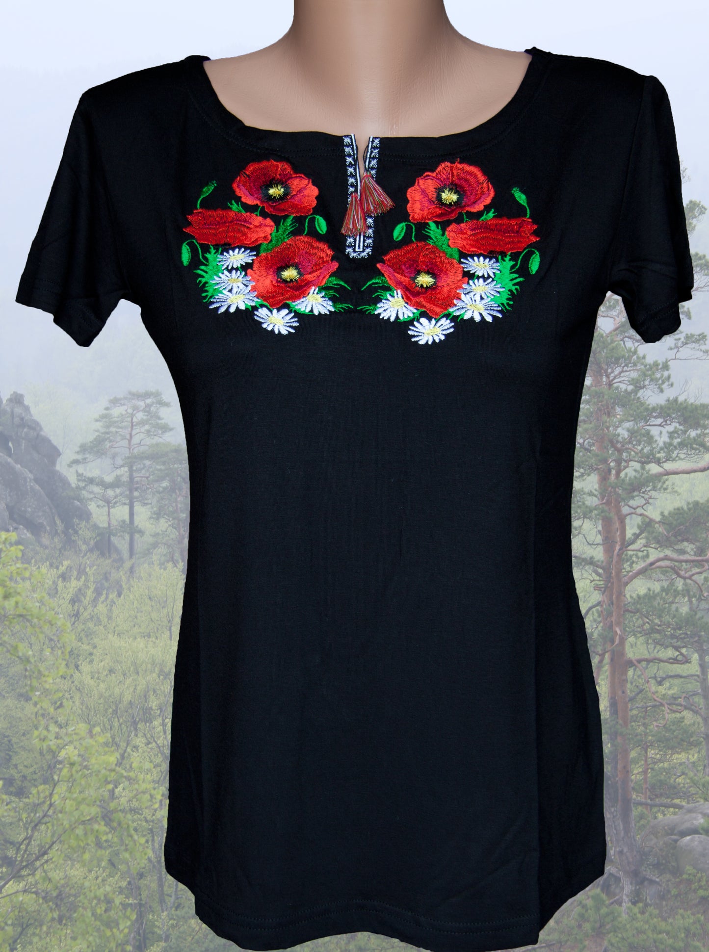 Sizes S,XL,XXL. Black T-Shirt with Floral Embroidery: Boho Folk Chic