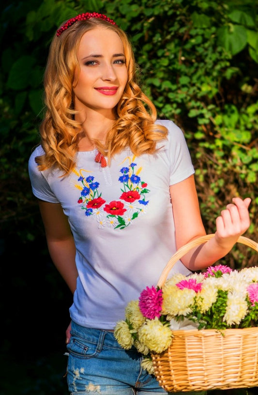 Sizes XL,XXL. Floral Embroidered Viscose T-Shirt – White Boho Chic Top for Women with Folk Inspiration