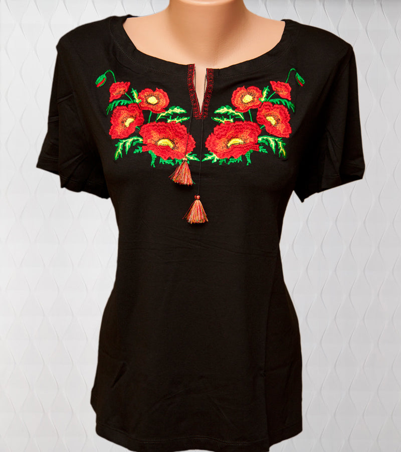 Size 3XL. Mexican Embroidered Black T-Shirt – Boho Chic Floral Poppy Design for Women