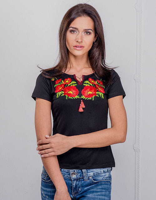 Size 3XL. Mexican Embroidered Black T-Shirt – Boho Chic Floral Poppy Design for Women