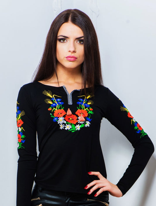 Sizes S-L,XXL. Black Bohemian Embroidered Blouse – Floral Mexican Folk Long Sleeve Shirt for Women