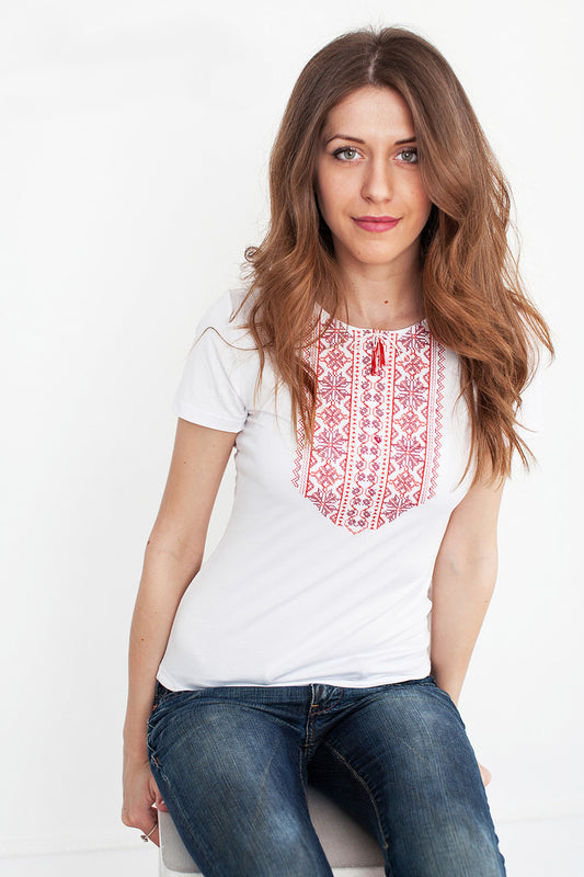 Sizes M-5XL. White Bohemian Embroidered Blouse – Red Folk Pattern Short Sleeve Shirt for Women