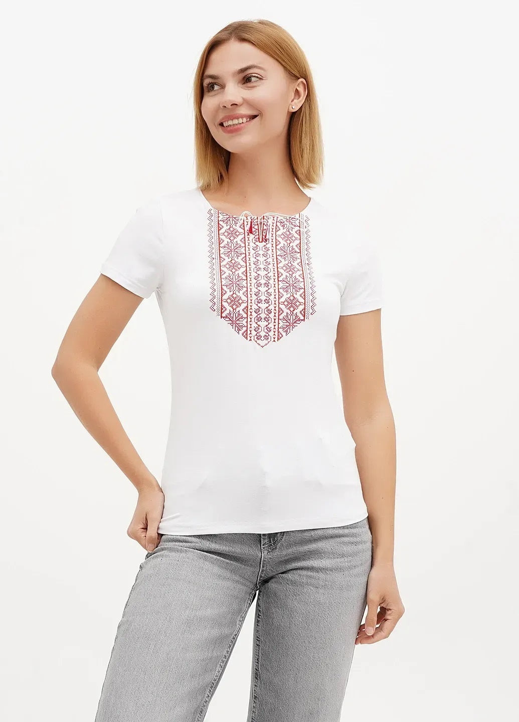 Sizes XL-5XL. White Bohemian Embroidered Blouse – Red Folk Pattern Short Sleeve Shirt for Women