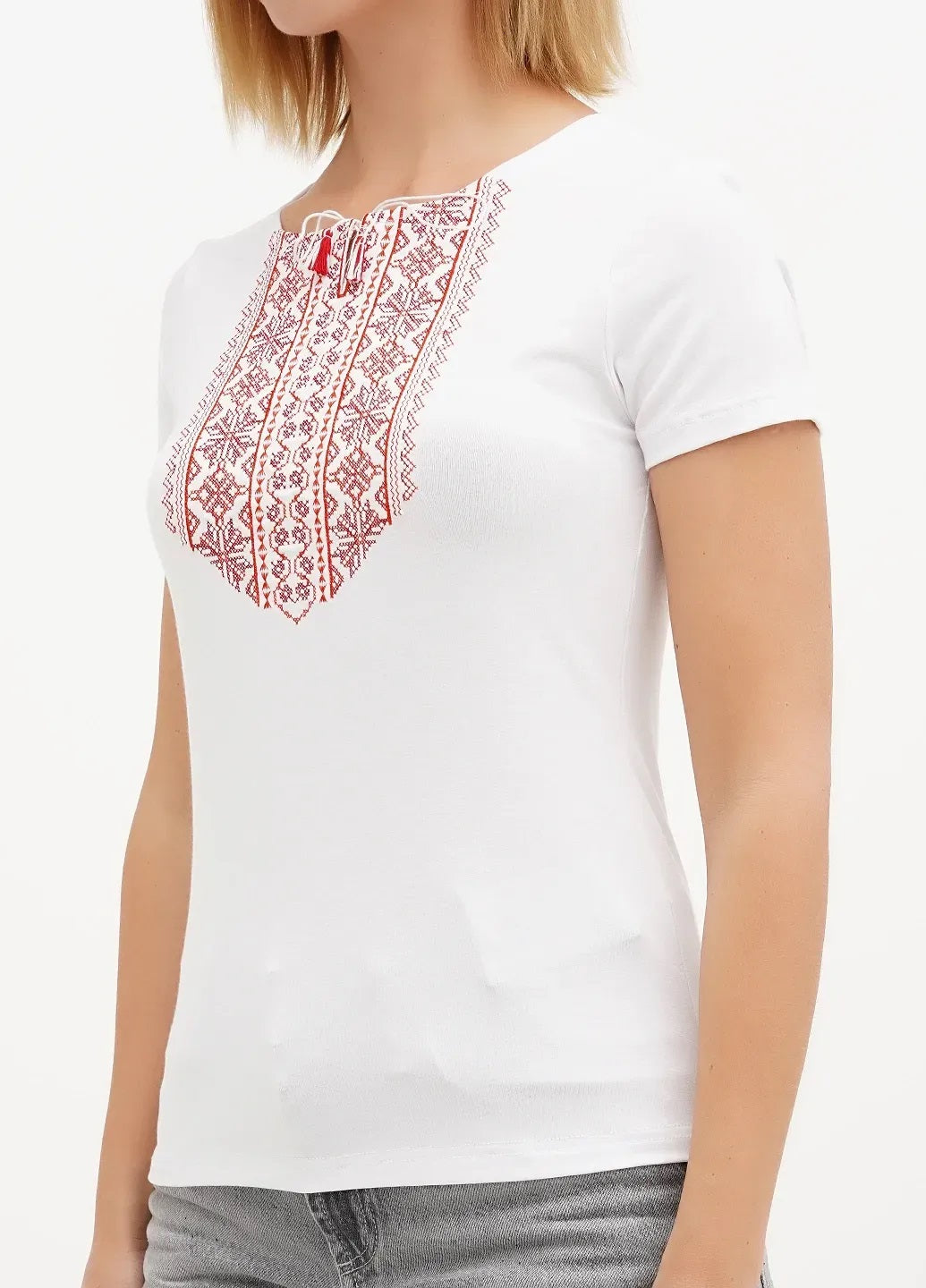 Sizes XL-5XL. White Bohemian Embroidered Blouse – Red Folk Pattern Short Sleeve Shirt for Women