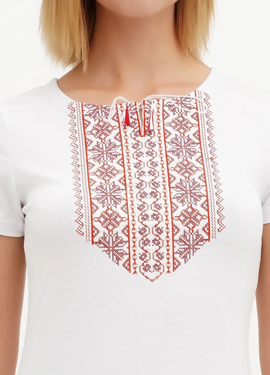 Sizes XL-5XL. White Bohemian Embroidered Blouse – Red Folk Pattern Short Sleeve Shirt for Women