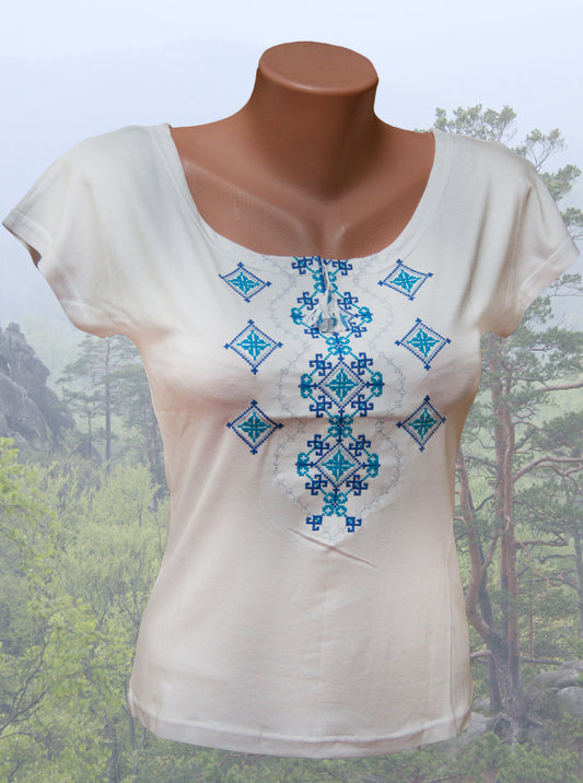 Sizes XL,XXL. Bohemian White Hippie Blouse – Blue Geometric Folk Embroidered Top for Women
