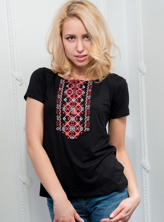 Sizes S,L,XXL. Embroidered Black Tee – Red and White Folk Geometric Pattern Top for Women