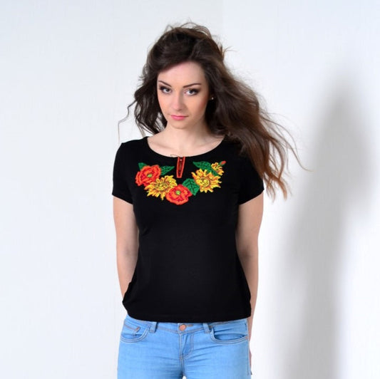 Sizes M,XL. Black Boho Floral Embroidered T-Shirt - Sunflower & Rose Design