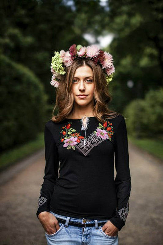 Sizes S,3XL-5XL. Mexican Floral Embroidered Blouse – Black Boho Long Sleeve Shirt for Women