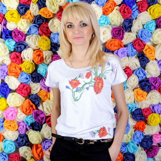 Size XXL. White T-Shirt with Vibrant Floral Embroidery - Ukrainian Folk Art Style