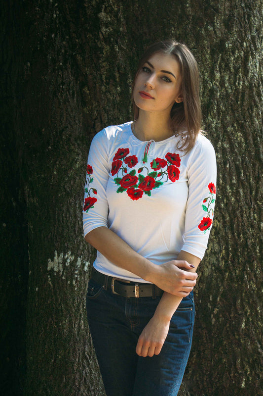 Sizes S,M. Women's White Embroidered T-Shirt with Red Poppies - Boho Floral Top