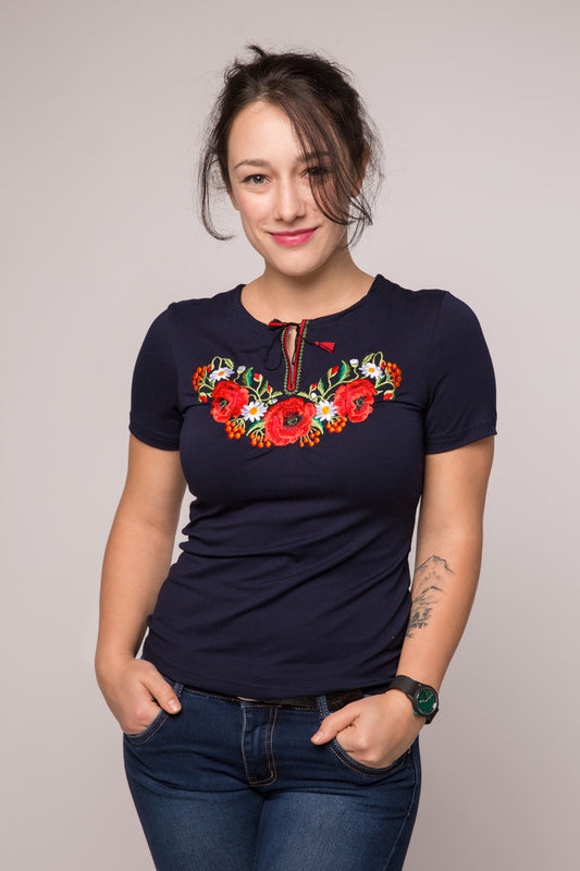 Sizes S-5XL. Elegant Navy Blue Embroidered Women's T-Shirt – Boho Chic Floral Design