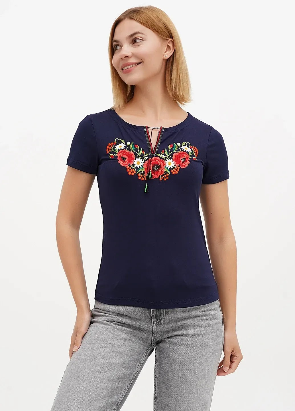 Sizes S-L,5XL. Elegant Navy Blue Embroidered Women's T-Shirt – Boho Chic Floral Design