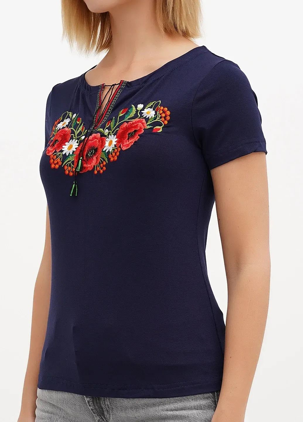Sizes S-L,5XL. Elegant Navy Blue Embroidered Women's T-Shirt – Boho Chic Floral Design