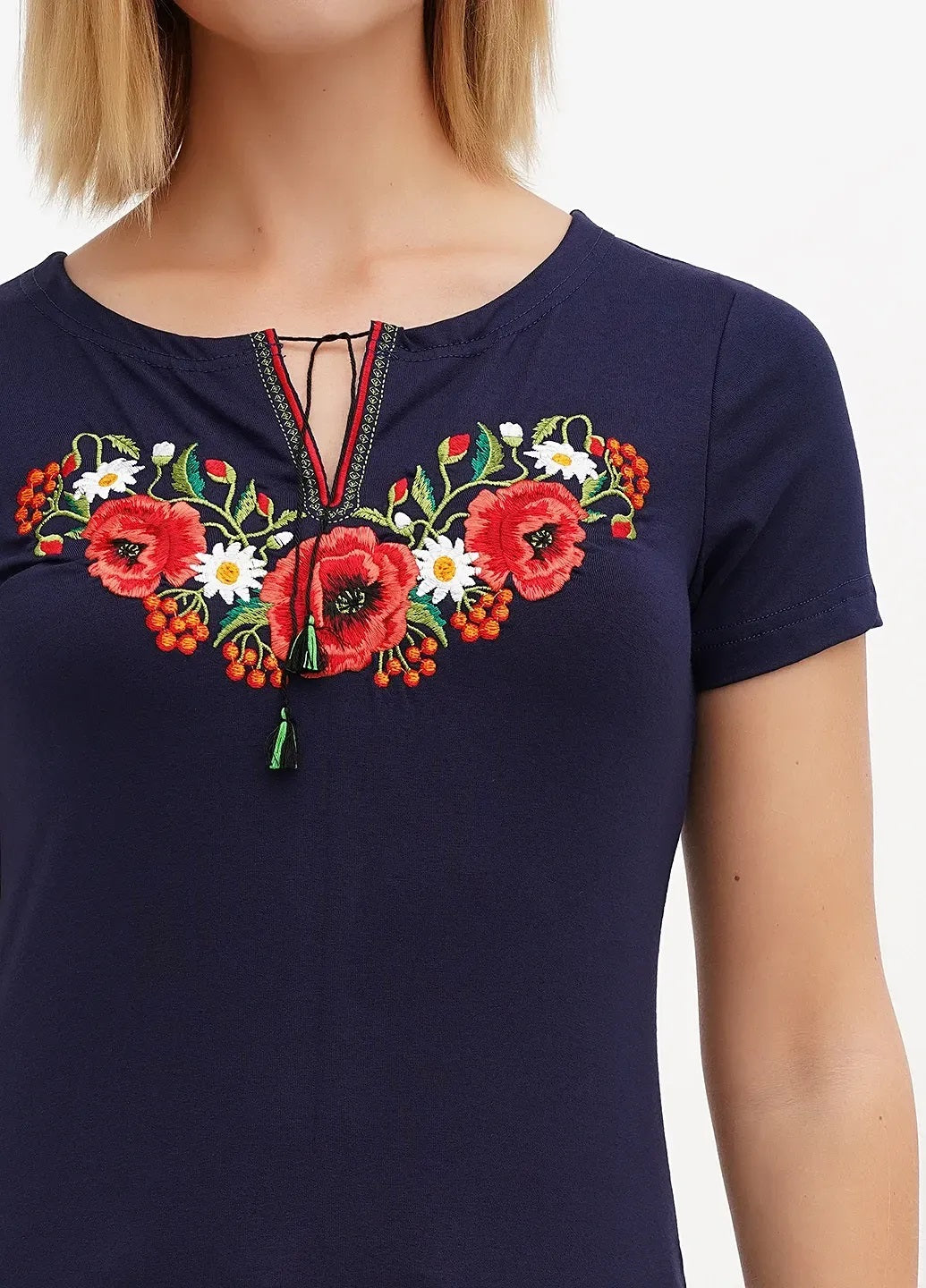 Sizes S-L,5XL. Elegant Navy Blue Embroidered Women's T-Shirt – Boho Chic Floral Design