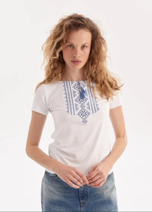 Sizes S-3XL. White Boho T-Shirt with Blue Ukrainian Cross-Stitch Embroidery – Ethnic Folk Tassel Tee with Geometric Floral Motifs