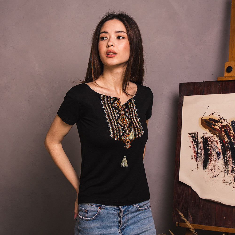 Sizes S,M,XL. Black and Brown Vyshyvanka Shirt - Chic Hippie T-Shirt - Romanian Folk Top - Mexican Women's Tee