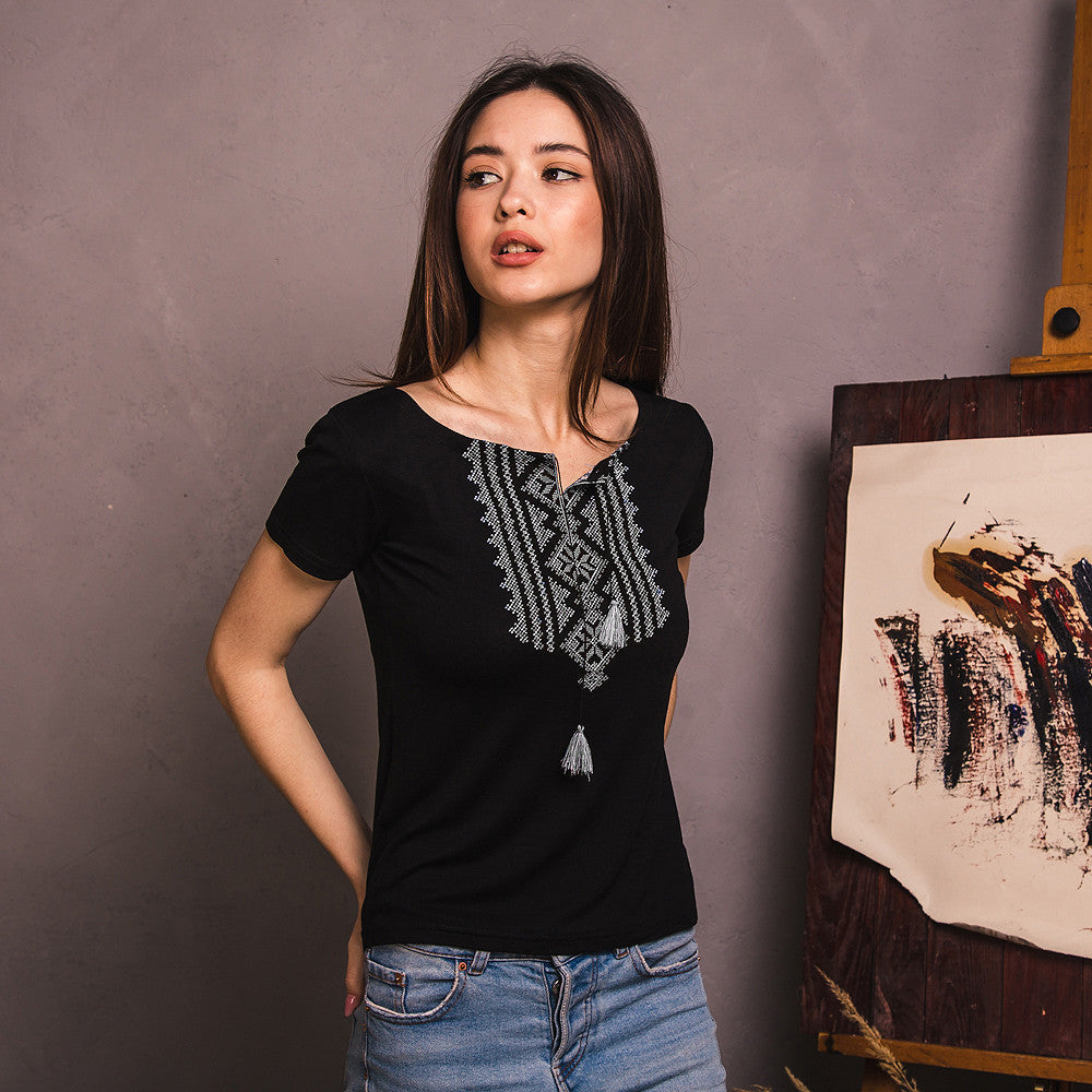 Sizes S-3XL. Black Embroidered Ukrainian Folk T-Shirt – Handmade Boho Top with White Cross-Stitch Design, Slavic Heritage Tee for Women
