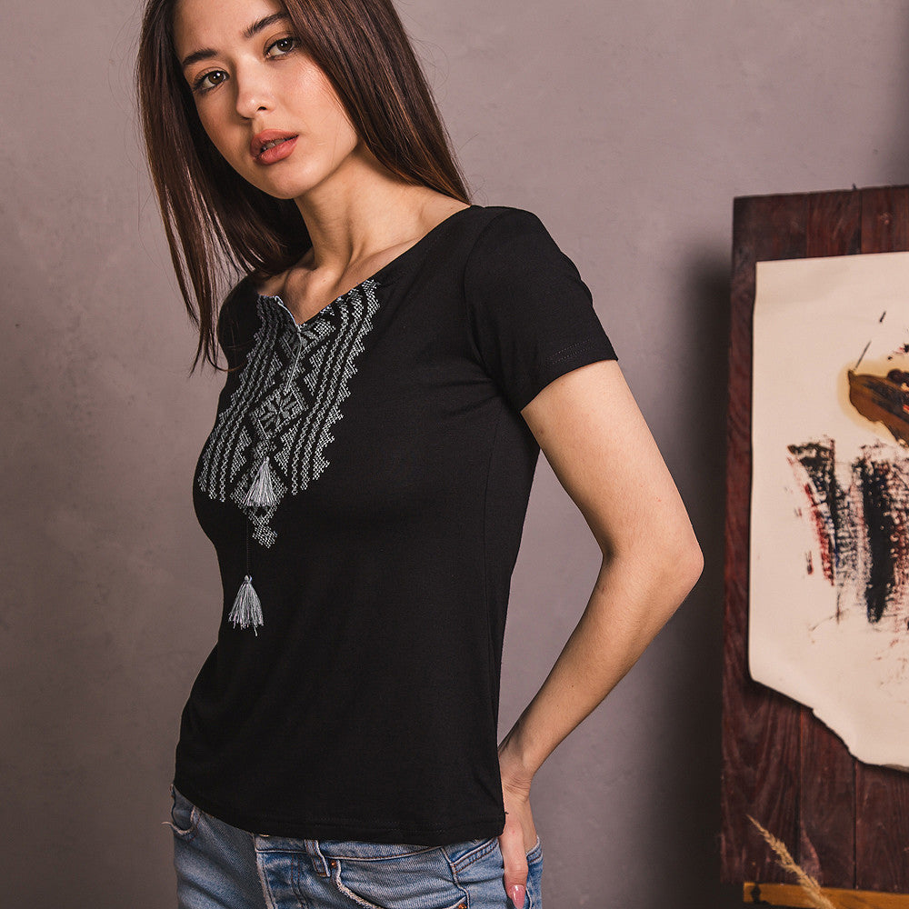 Sizes S-3XL. Black Embroidered Ukrainian Folk T-Shirt – Handmade Boho Top with White Cross-Stitch Design, Slavic Heritage Tee for Women