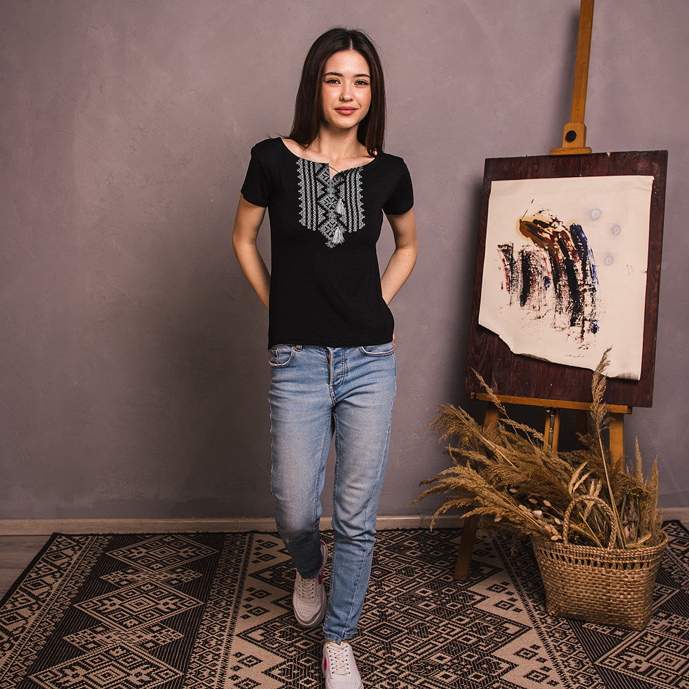 Sizes S-3XL. Black Embroidered Ukrainian Folk T-Shirt – Handmade Boho Top with White Cross-Stitch Design, Slavic Heritage Tee for Women