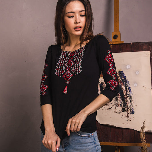 Sizes S-3XL. Black Boho Embroidered Blouse – Red Geometric Folk Long Sleeve Shirt for Women