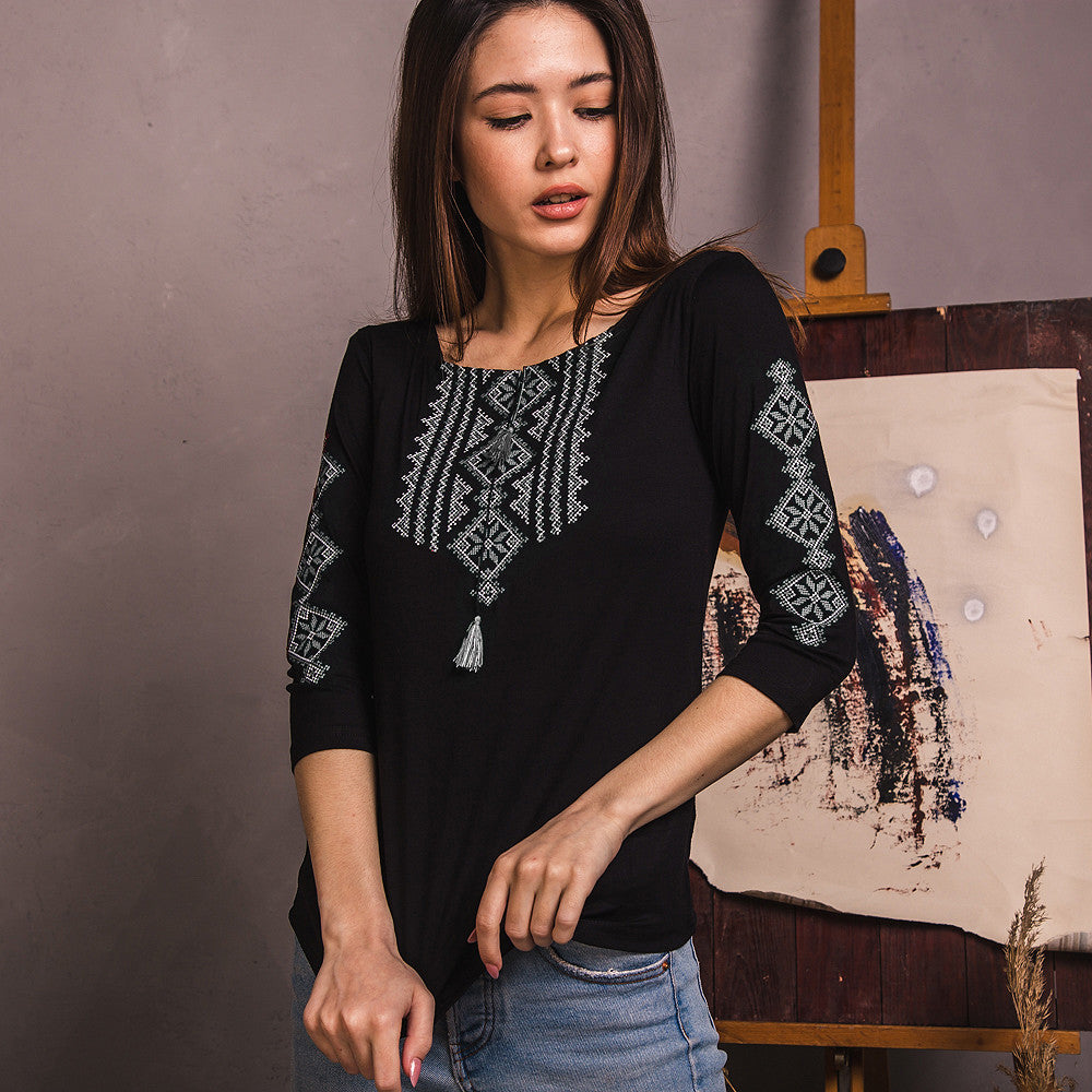 Sizes S-3XL. Black Folk Embroidered Blouse – Minimalist Ukrainian Cross-Stitch Elegance