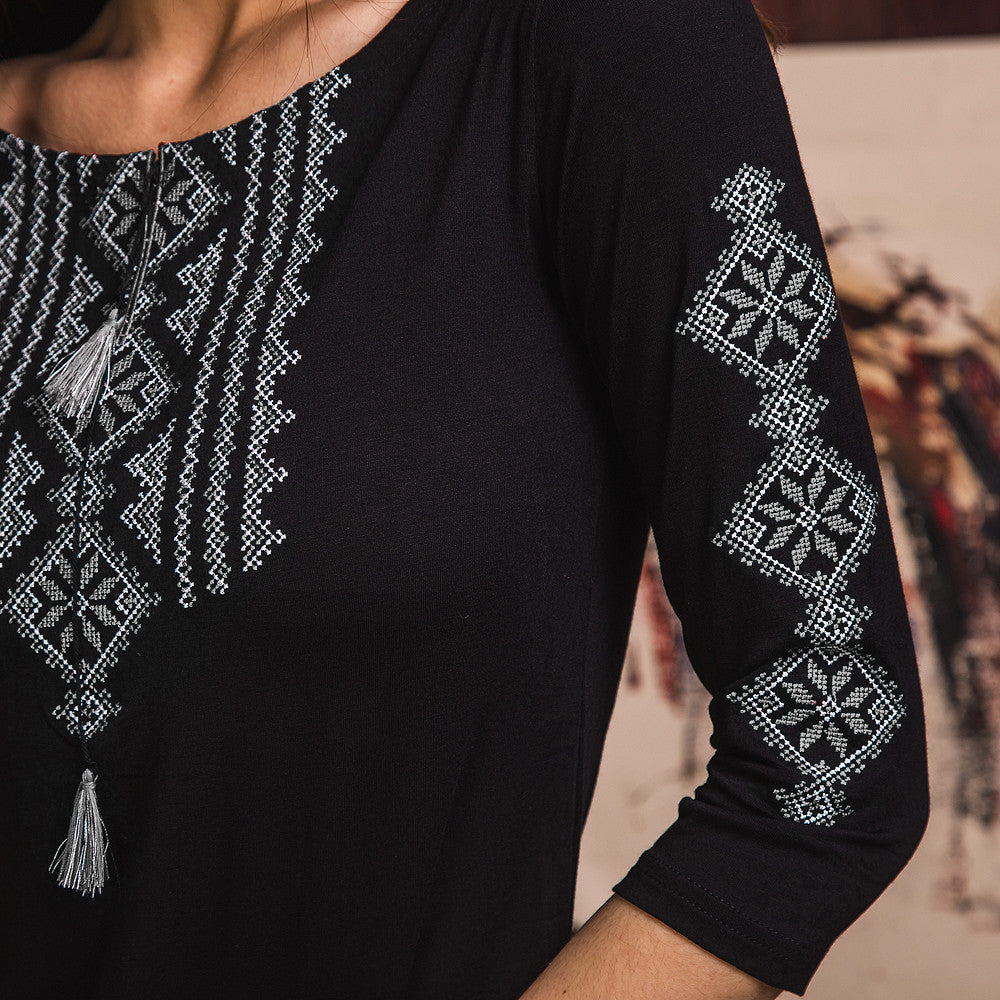 Sizes S-3XL. Black Folk Embroidered Blouse – Minimalist Ukrainian Cross-Stitch Elegance