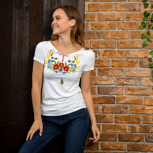 Sizes L,XXL. Elegant White Blouse with Colorful Embroidery – Folk Floral Design, Boho Chic Top for Women