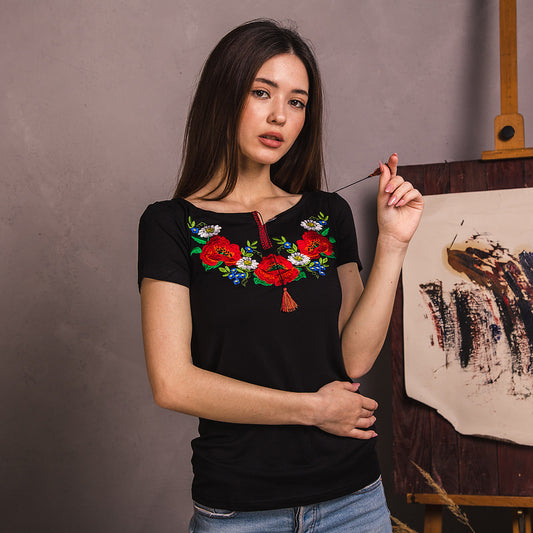 Sizes L,XL,XXL. Bohemian Black Embroidered Tee – Women's Short Sleeve Folk Floral Top with Tassels