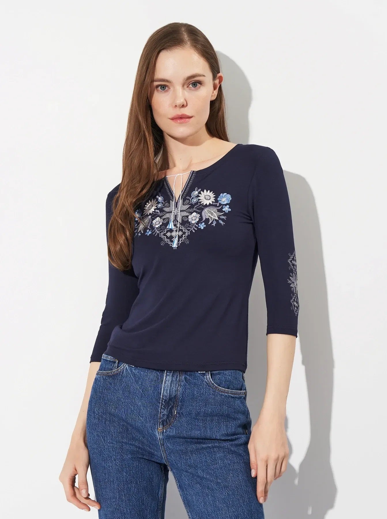 Sizes S-5XL. Traditional Navy Vyshyvanka Top. Folk Ukrainian Embroidered T-Shirt. National Tee with Embroidery. Blue and Grey Boho Shirt. Mexican Top