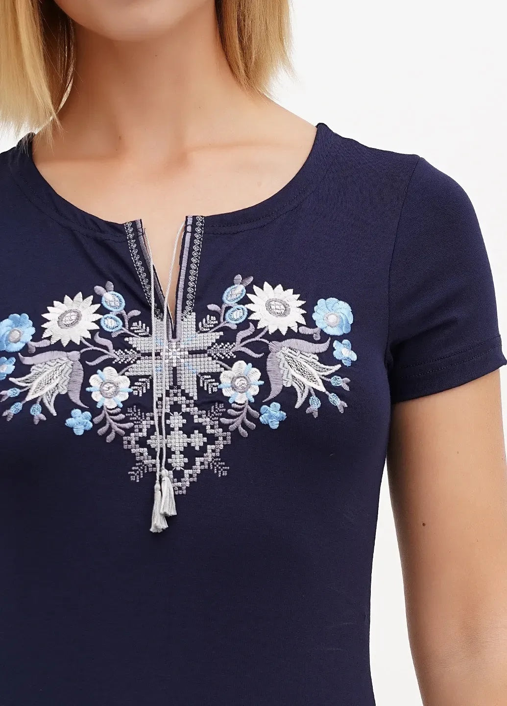 Size 3XL. Dark Blue Mexican Embroidered Tunic. Traditional Floral V-Neck Top. Short Sleeve Ethno Boho Chic Shirt. Mexican Artisanal Folk Clothing