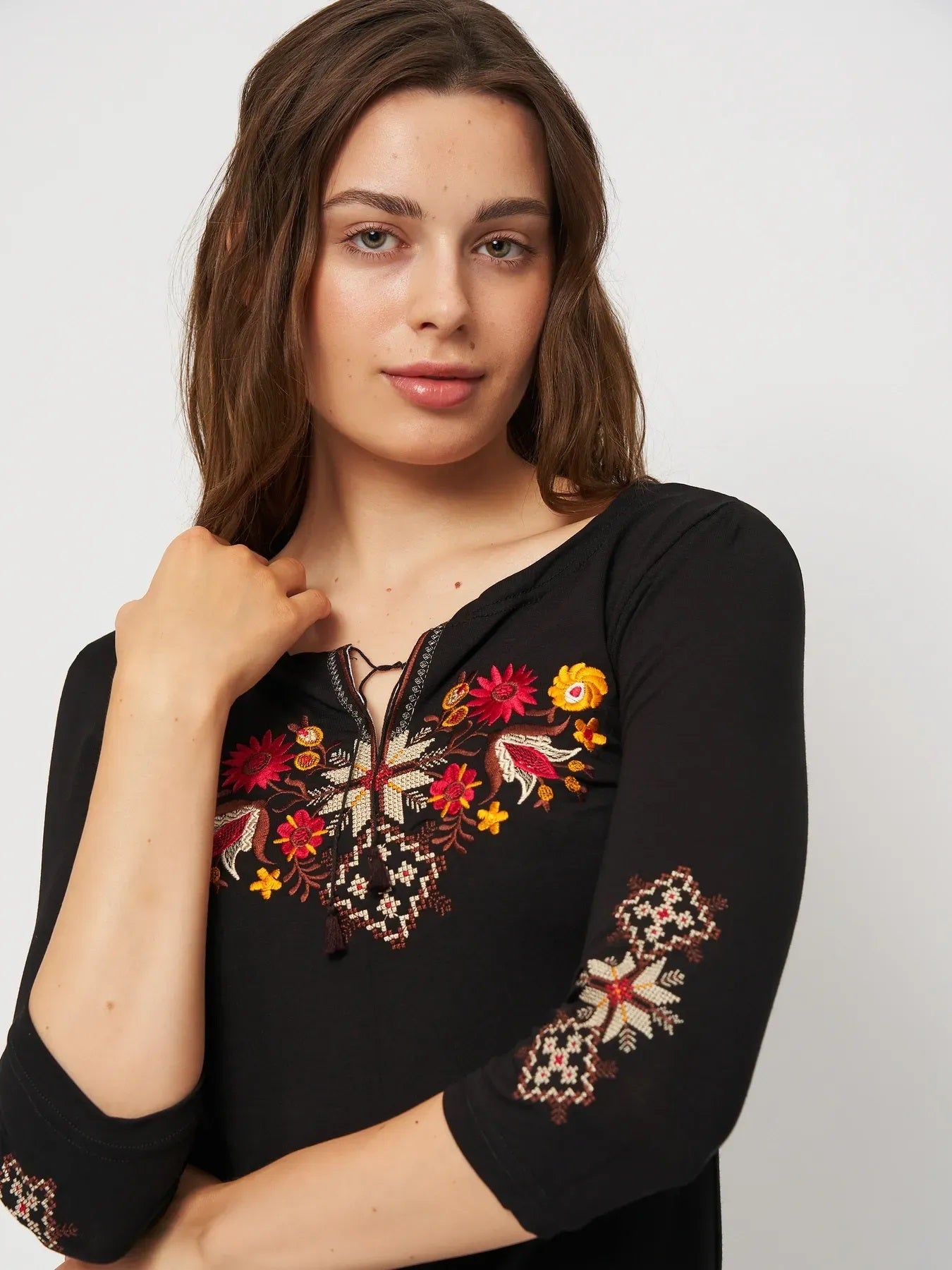 Size S-L,4XL. Black Folk Blouse with Burgundy and Orange Floral Embroidery