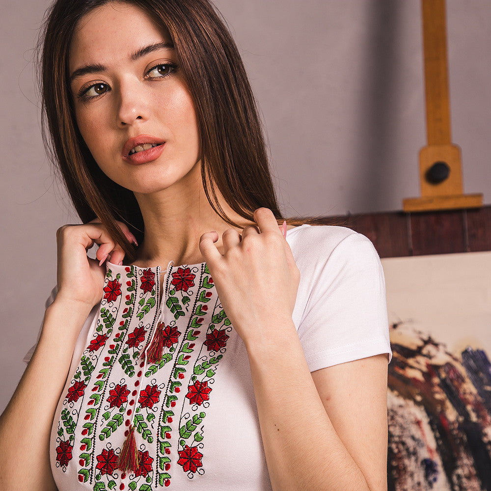 Sizes S-3XL. White Embroidered T-shirt with red flowers - Botanical Folk Top