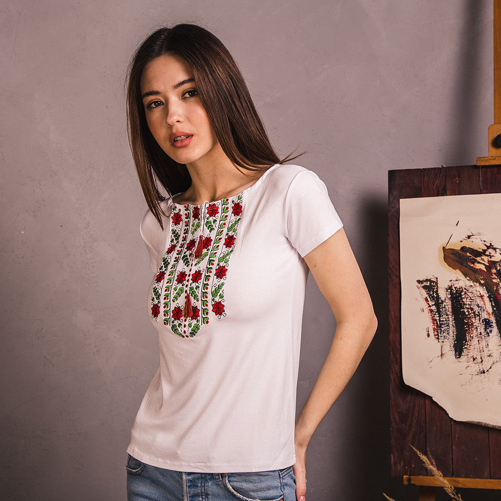 Sizes S-3XL. White Embroidered T-shirt with red flowers - Botanical Folk Top