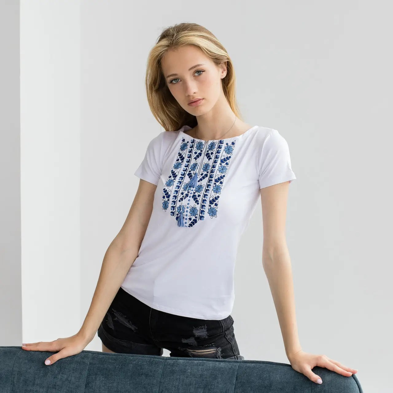 Sizes S,L-3XL. White Boho Embroidered Women's T-Shirt – Blue Floral Folk Pattern, Short Sleeve