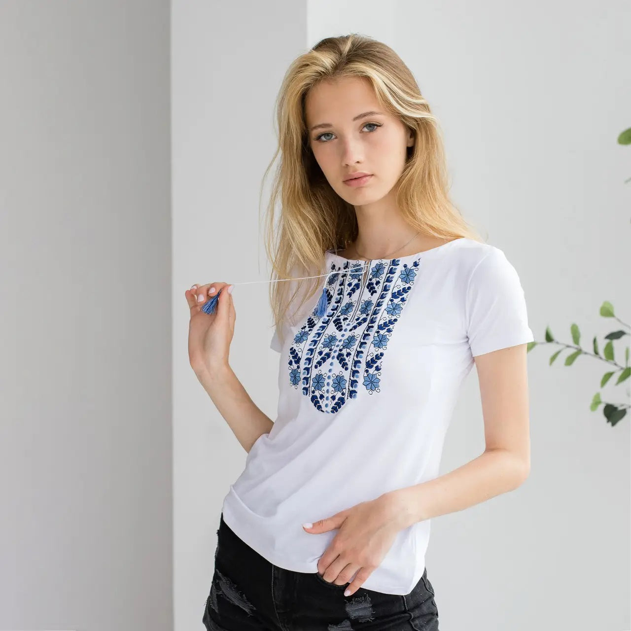 Sizes S,L-3XL. White Boho Embroidered Women's T-Shirt – Blue Floral Folk Pattern, Short Sleeve