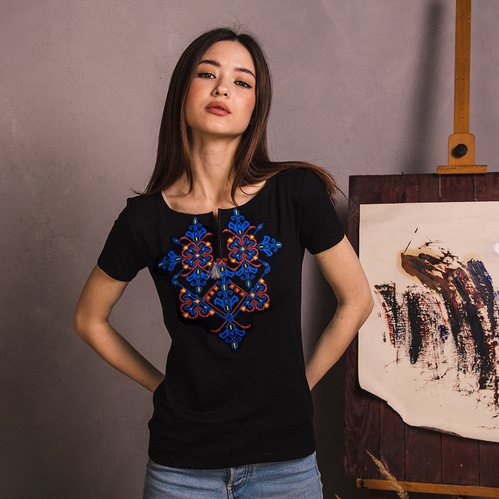 Sizes S,M. Black Ukrainian Embroidered T-Shirt – Bright Folk Heritage Tee for Women