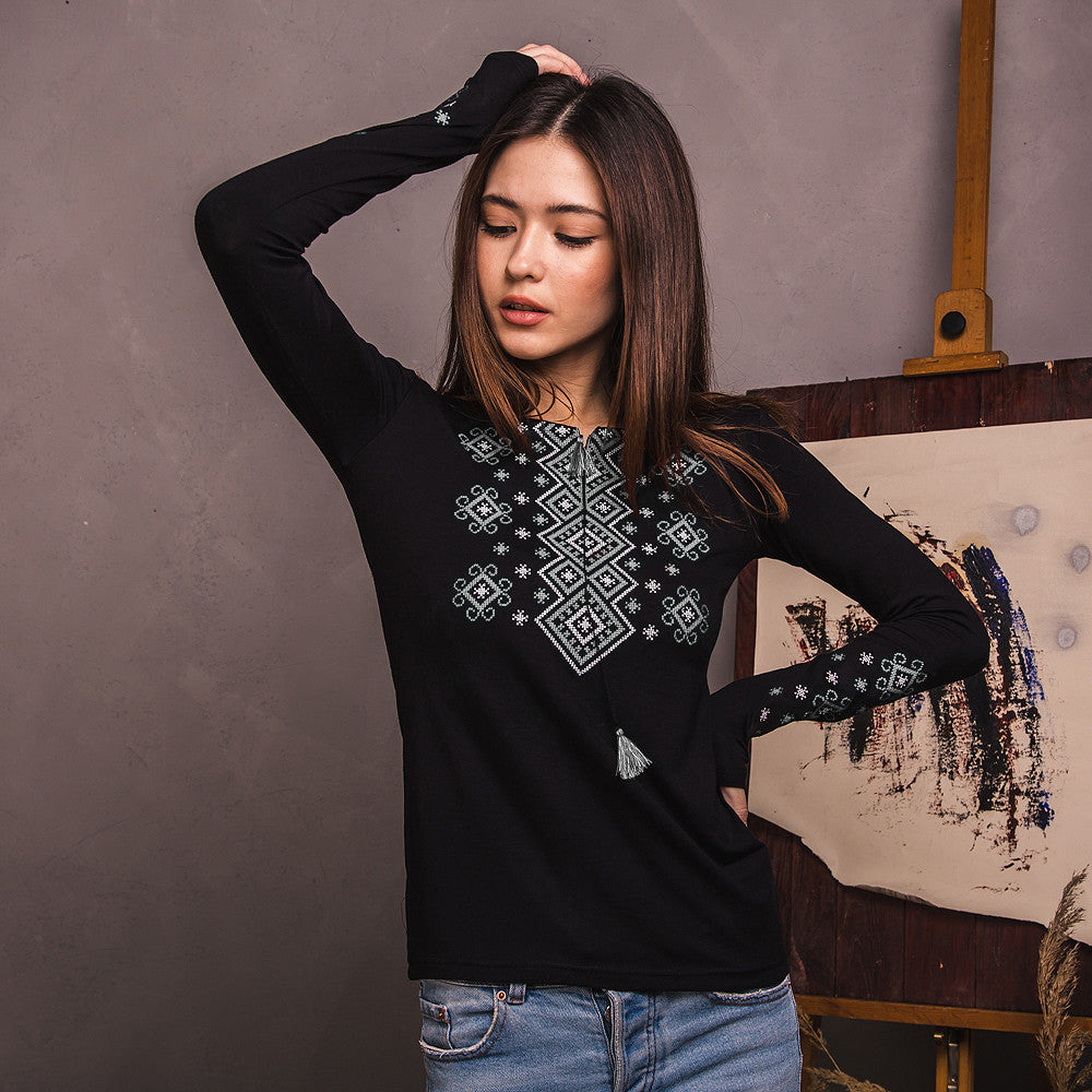 Size S. Black Boho Embroidered Women's Blouse – Geometric Folk Design, Long Sleeve Top
