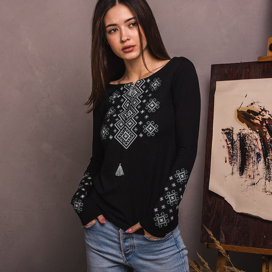 Size S. Black Boho Embroidered Women's Blouse – Geometric Folk Design, Long Sleeve Top