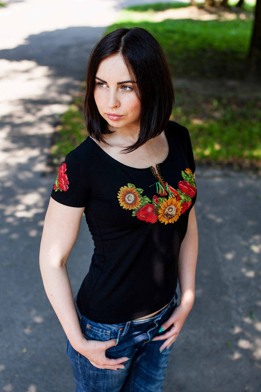 Sizes S,5XL. Black Floral Embroidered T-Shirt - Sunflower & Poppy Design