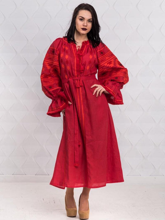 Size S/6US! Gorgeous Bohemian Red Embroidered Dress - Stylish Folk Party Maxi Dress