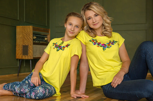 Sizes L,XL. Yellow Embroidered Hippie T-Shirts – Matching Floral Boho Chic Design