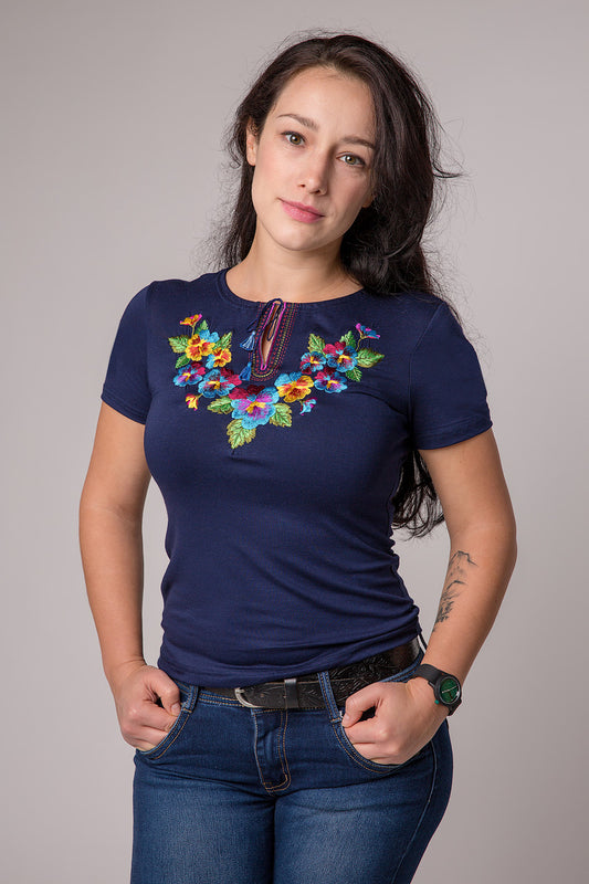 Sizes S,M,XL,5XL. Embroidered Navy T-Shirt with Vibrant Floral Design – Boho Chic Style