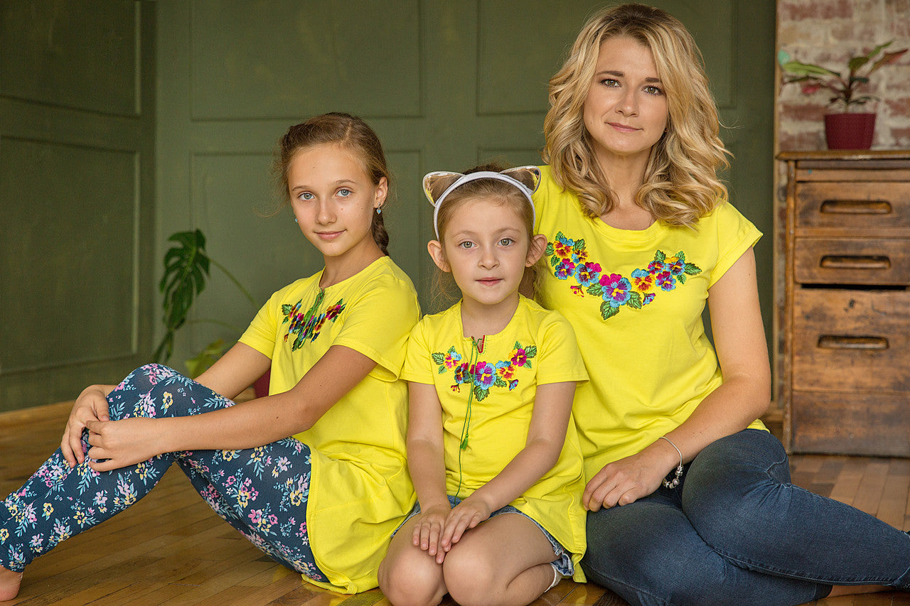 Sizes L,XL. Yellow Embroidered Hippie T-Shirts – Matching Floral Boho Chic Design