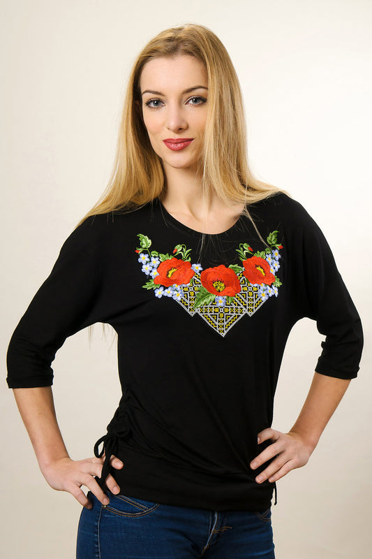 Sizes M,L. Elegant Black Blouse with Red Poppy Embroidery – Ukrainian Folk Boho Style