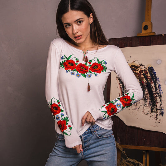 Sizes M,XL,XXL. White Floral Embroidered T-Shirt – Bohemian Ukrainian Blouse with Poppy and Mexican Botanical Folk Design