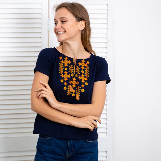 Sizes S-L,2XL. Ethnic Navy Blue T-Shirt with Golden Embroidery – Boho Chic Top