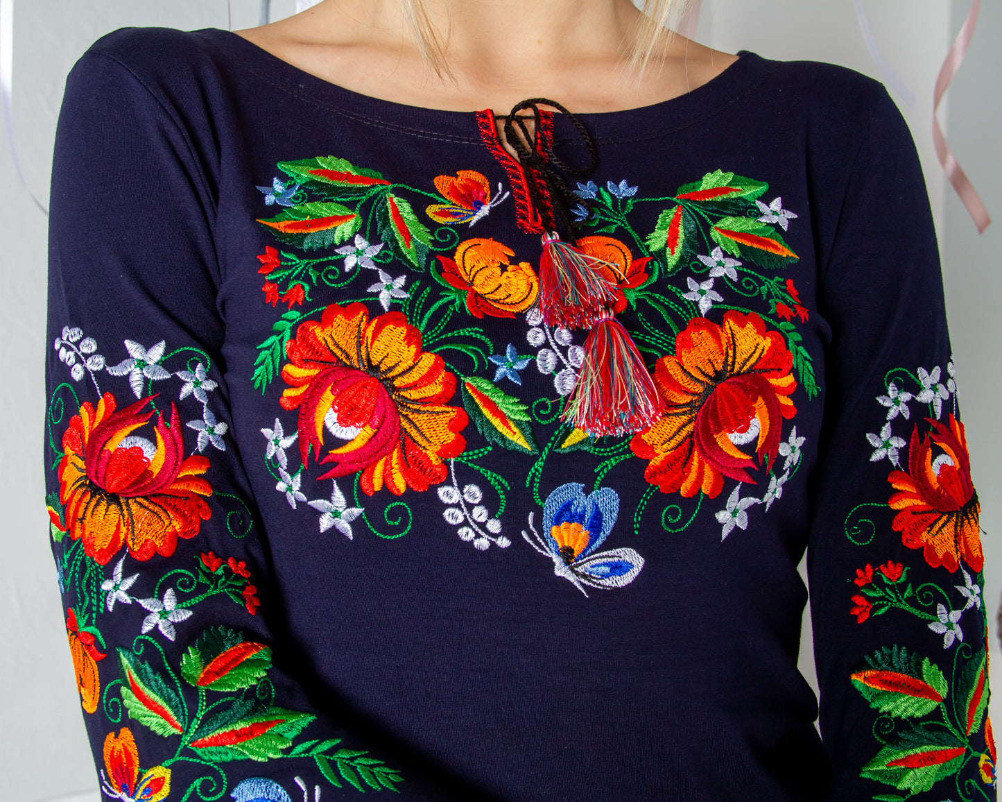 Sizes S-XXL,4XL. Mexican Embroidered Сhic Blouse – Navy Blue Floral Hippie Long Sleeve Shirt for Women